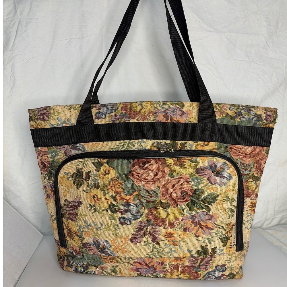 Bovano USA Floral Tapestry Tote Bag Vintage Woven Rose Shoulder Bag Tan Multi